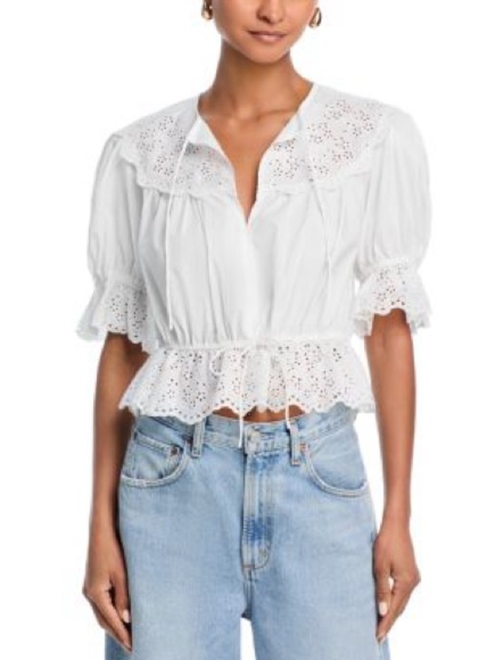 Aqua White Eyelet Cotton Peasant Top with Tie Front
